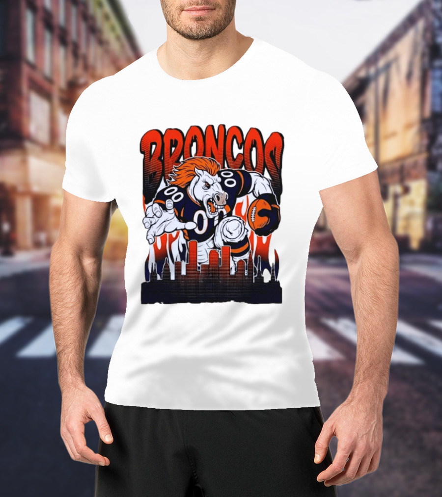 Denver Broncos Football Bronco Running Horse Skyline T-Shirt