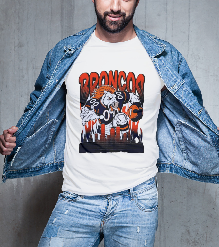 Denver Broncos Football Bronco Running Horse Skyline T-Shirt