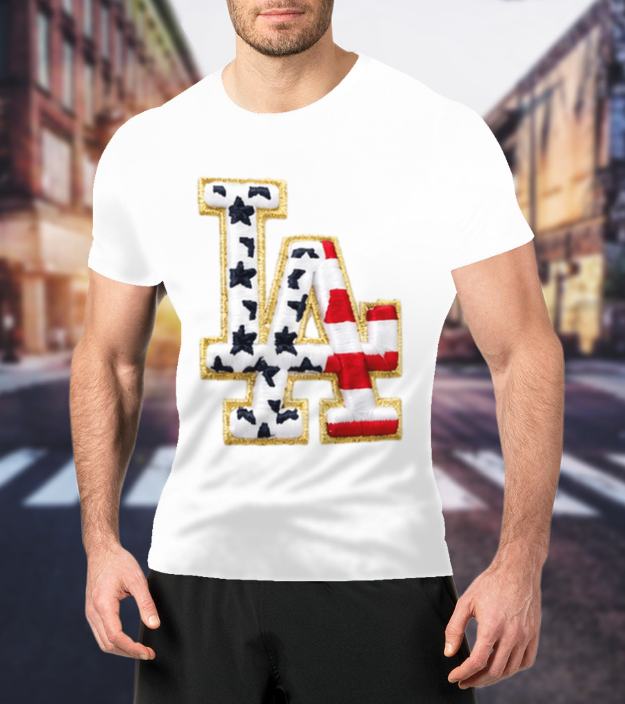 Dodgers LA 250th Anniversary Stars And Stripes Gold Trim Patch T-Shirt