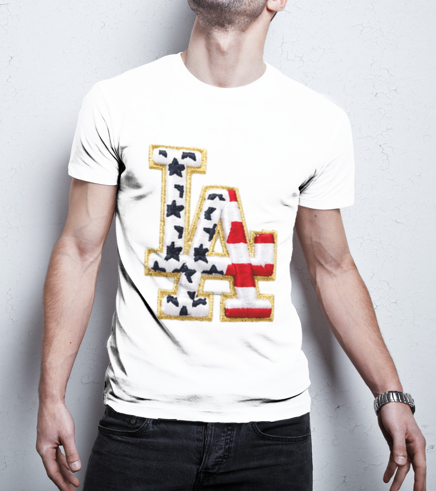 Dodgers LA 250th Anniversary Stars And Stripes Gold Trim Patch T-Shirt
