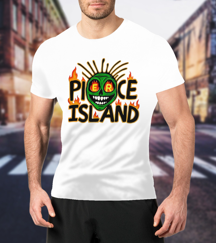 Pierce Island Green Skull Flames Spooky Island T-Shirt
