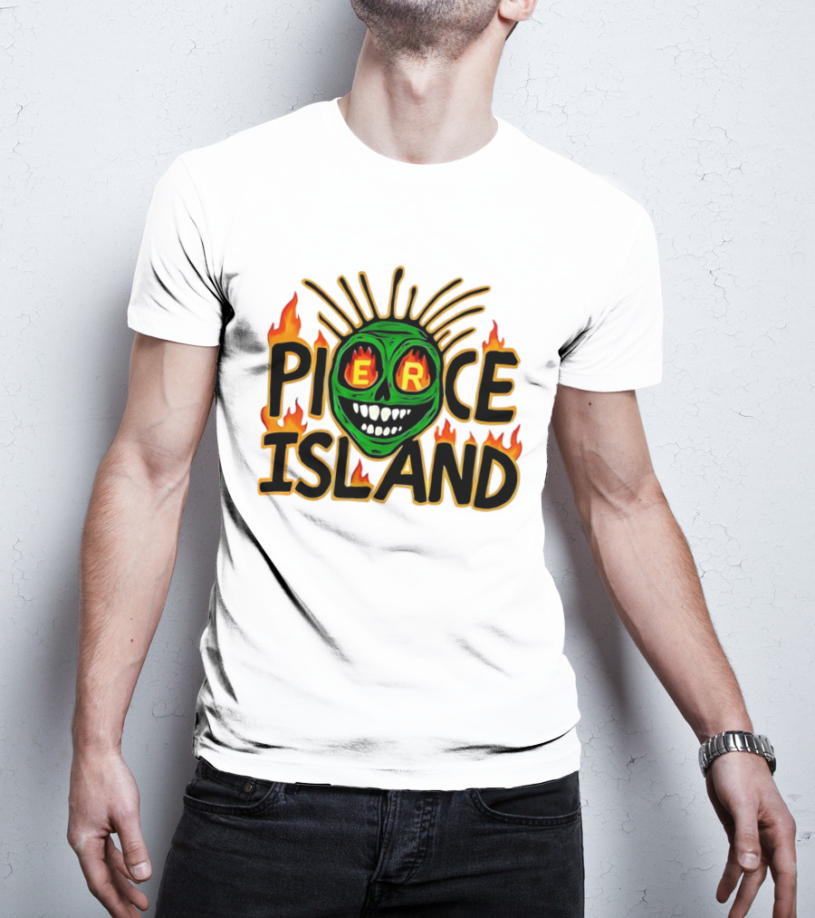 Pierce Island Green Skull Flames Spooky Island T-Shirt