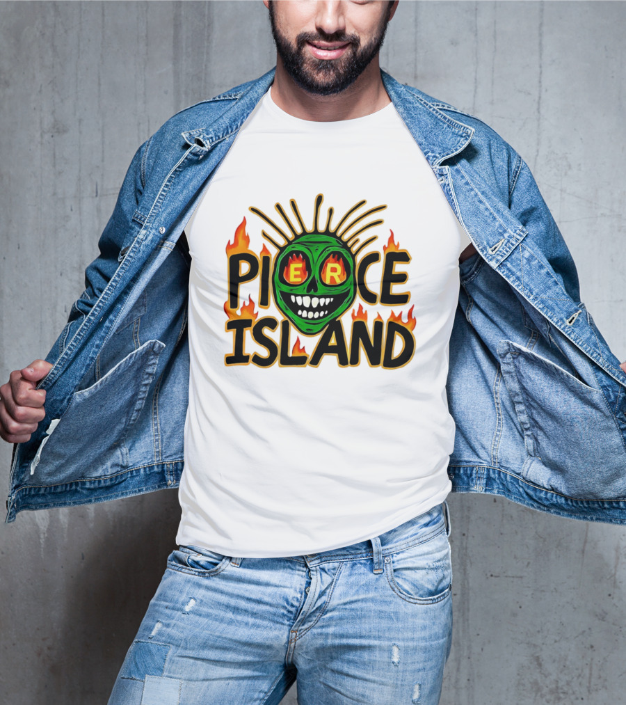 Pierce Island Green Skull Flames Spooky Island T-Shirt