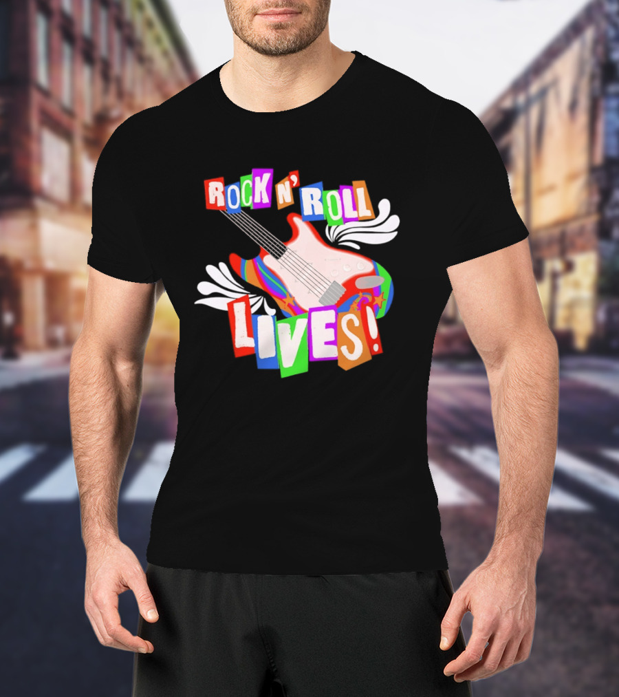 Rock N' Roll Lives Colorful Electric Guitar T-Shirt