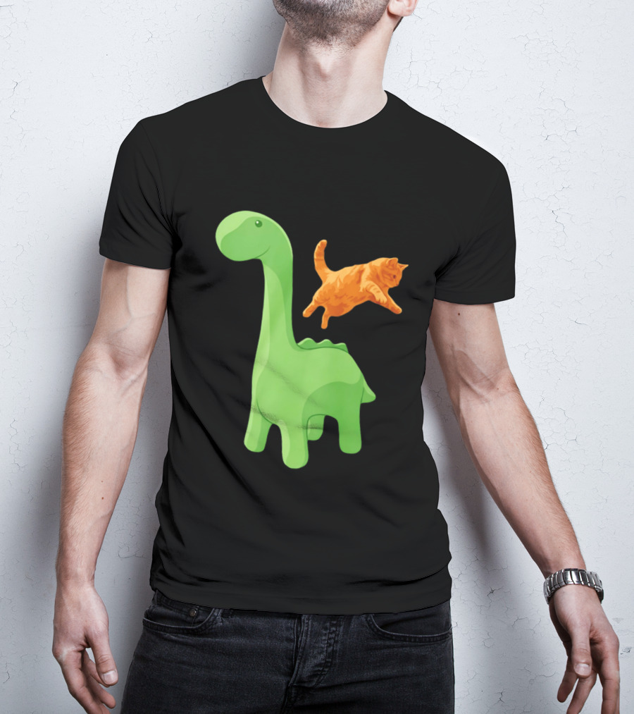 Cat Jumping Over Green Dinosaur Cartoon Image T-Shirt