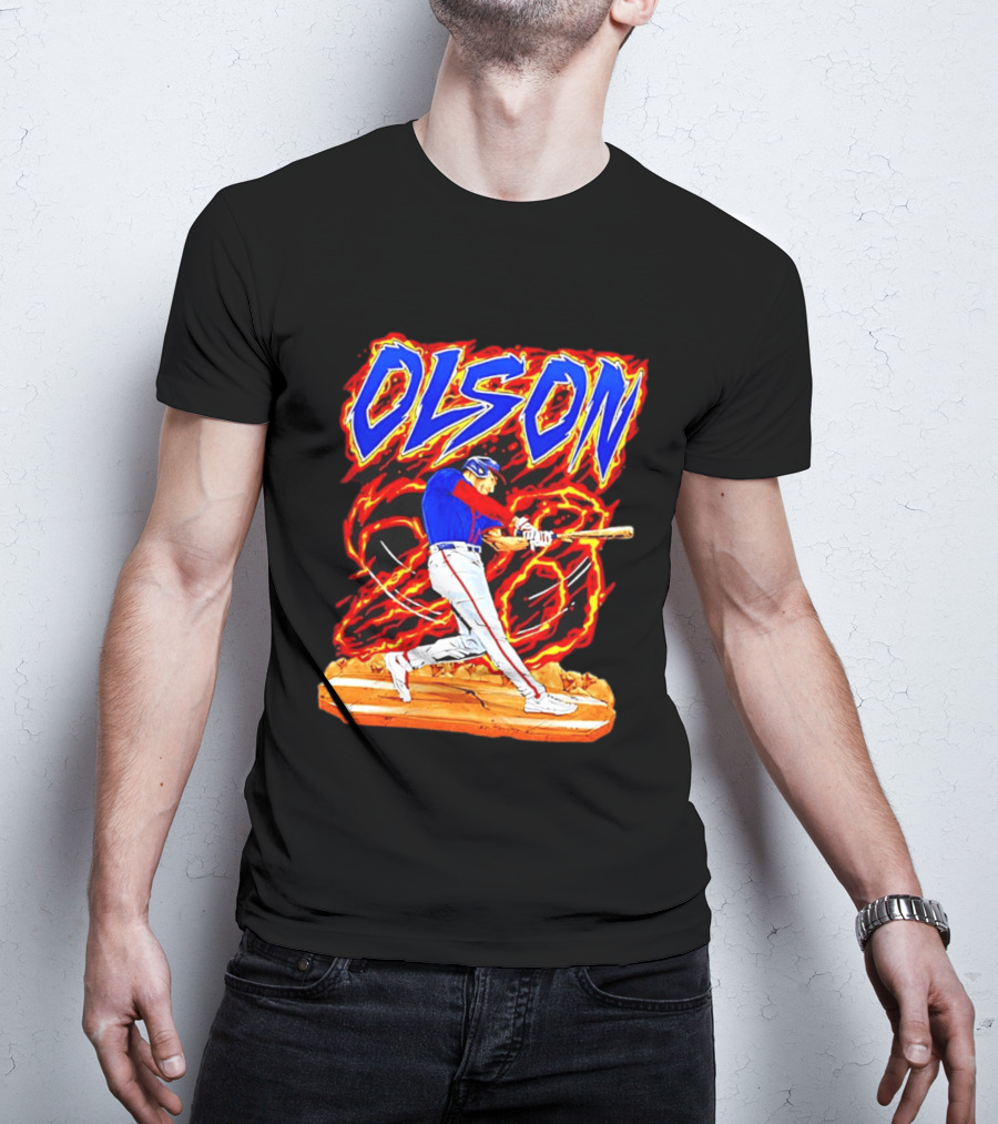 Atlanta Braves Matt Olson Hand Drawn Dynamic Swing Iconic Action T-Shirt