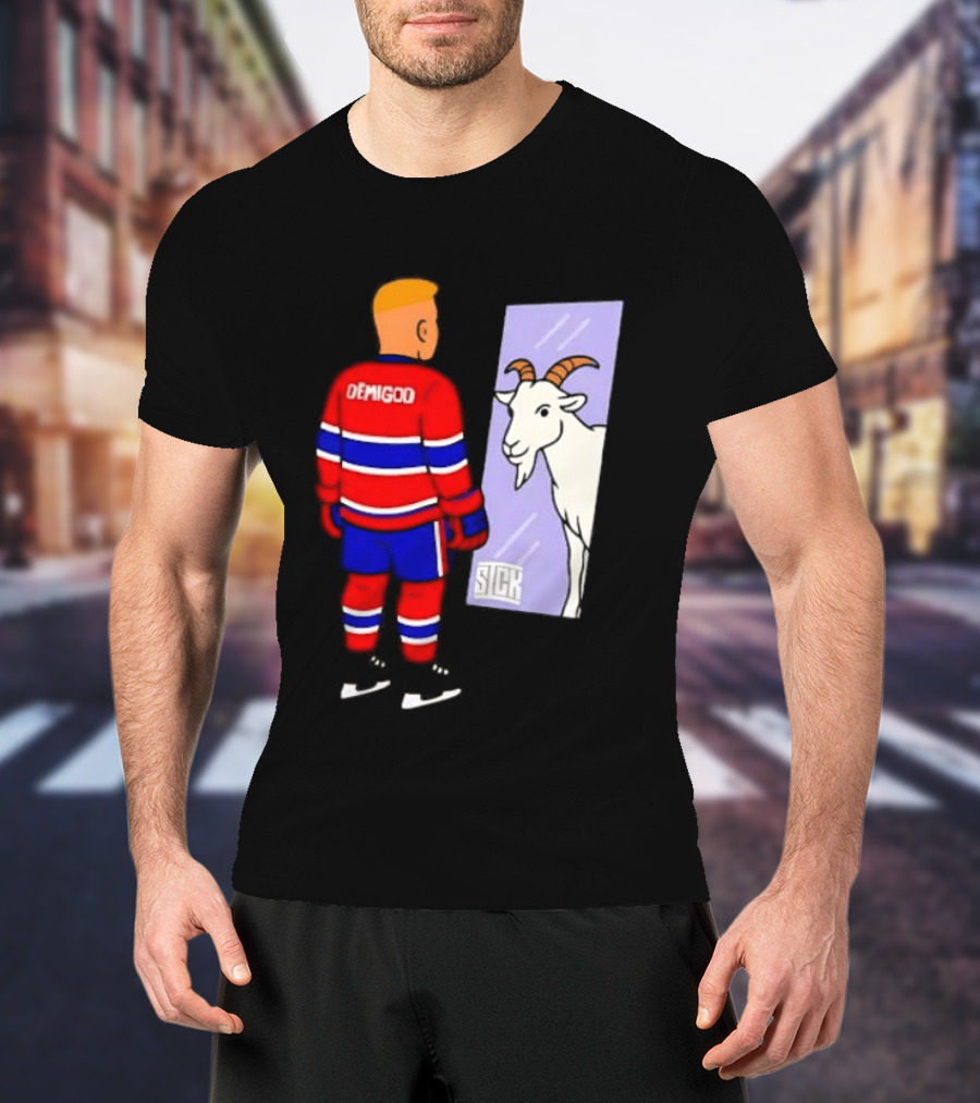 Demigod Hockey Player Looking In Mirror With Goat Reflection T-Shirt