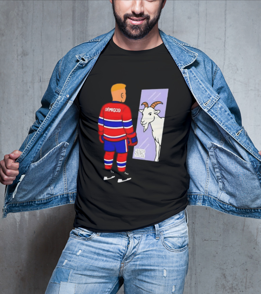 Demigod Hockey Player Looking In Mirror With Goat Reflection T-Shirt