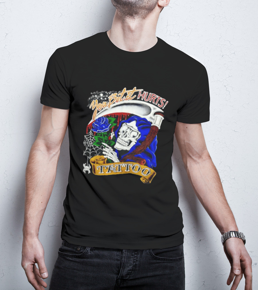 You Bet It Hurts Skeleton Rose Tattoo Spider Web T-Shirt