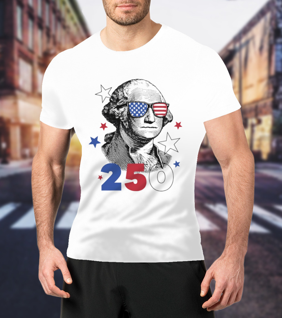 George Washington Patriotic Flag Sunglasses 250 Years United States Celebration T-Shirt