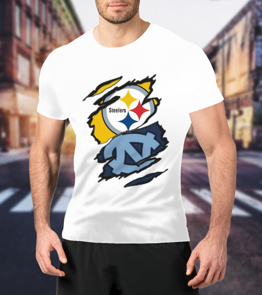 Pittsburgh Steelers UNC Tar Heels Ripped Metal Effect Logo Fusion T-Shirt