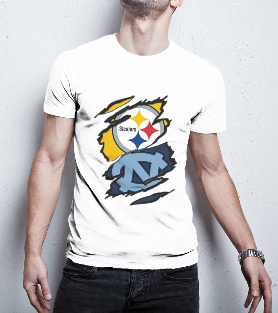 Pittsburgh Steelers UNC Tar Heels Ripped Metal Effect Logo Fusion T-Shirt