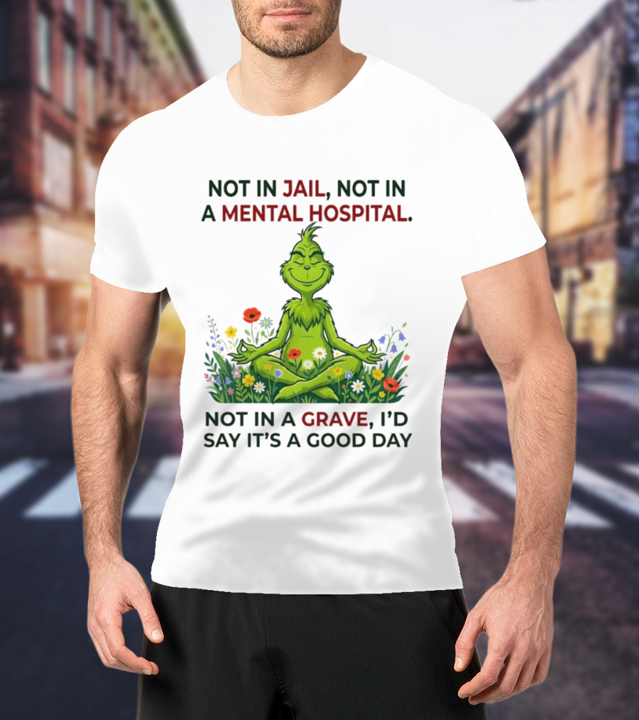Grinch Not In Jail Not In A Mental Hospital Not In A Grave Meditation Good Day T-Shirt