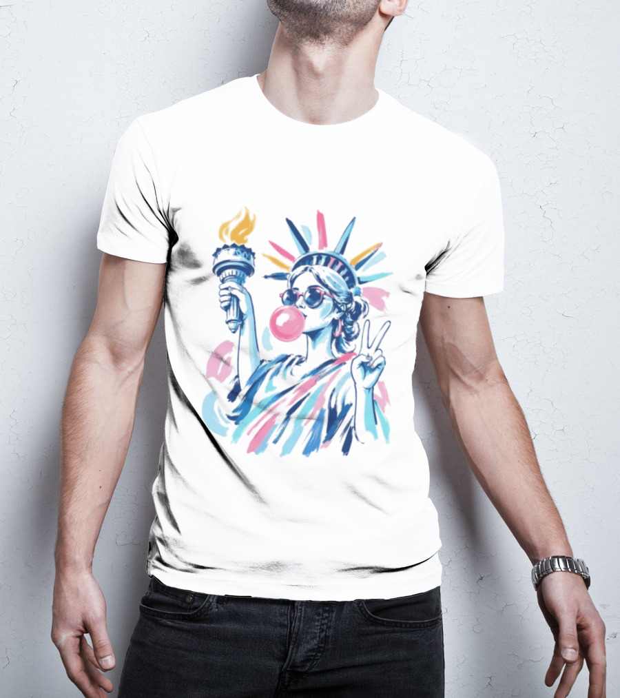 Statue Of Liberty Bubblegum Peace Sign USA Landmark T-Shirt