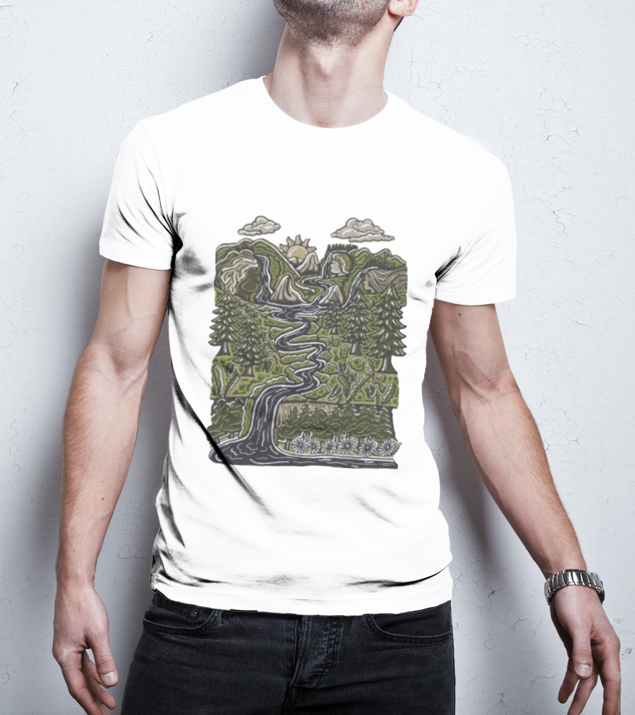 Nature Backs Forest Scene With River Trees Mountains Sun And Clouds T-Shirt