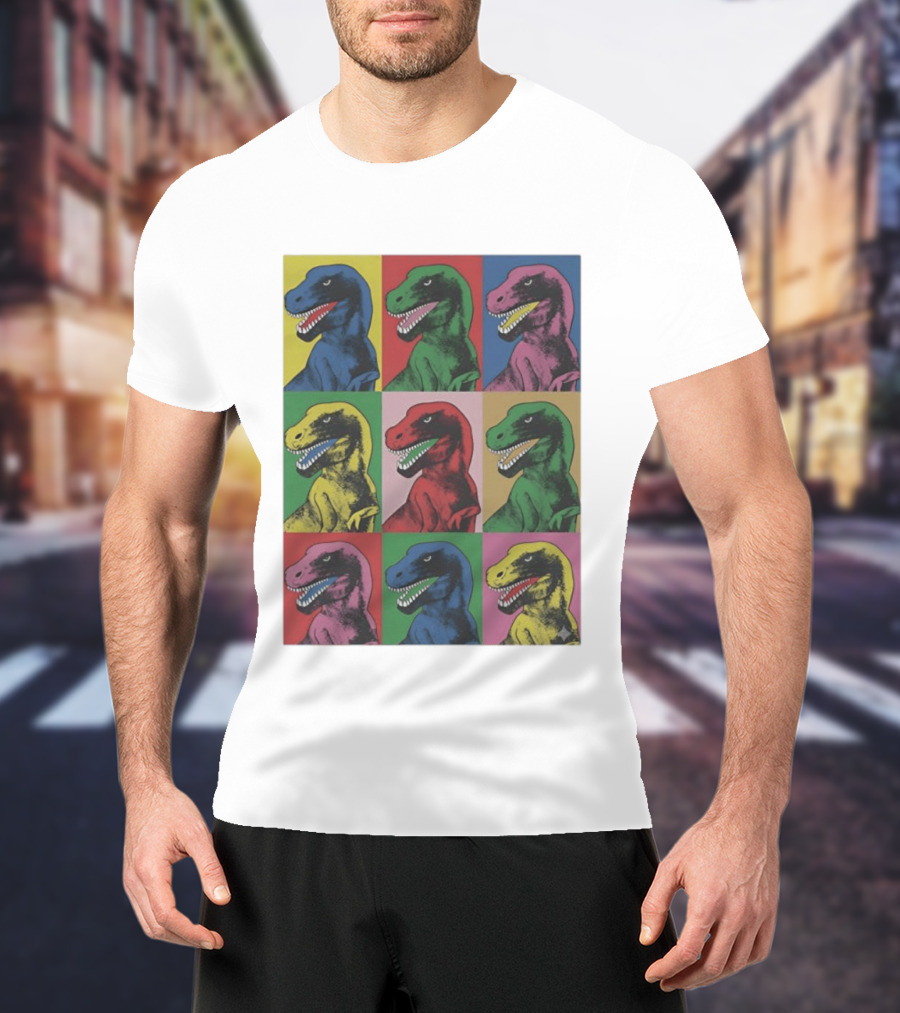 T Rex Pop Dinosaur Multi Colored Grid Prehistoric Reptile Andy Warhol T-Shirt