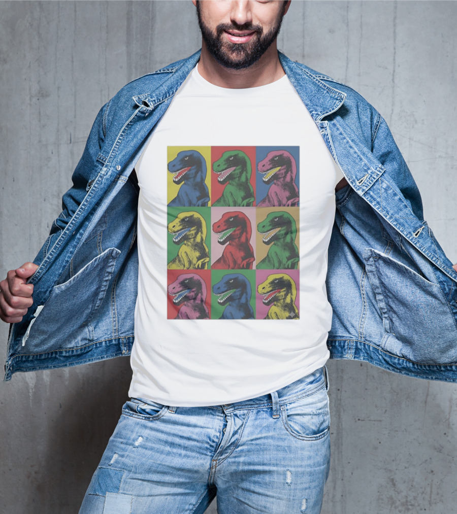 T Rex Pop Dinosaur Multi Colored Grid Prehistoric Reptile Andy Warhol T-Shirt