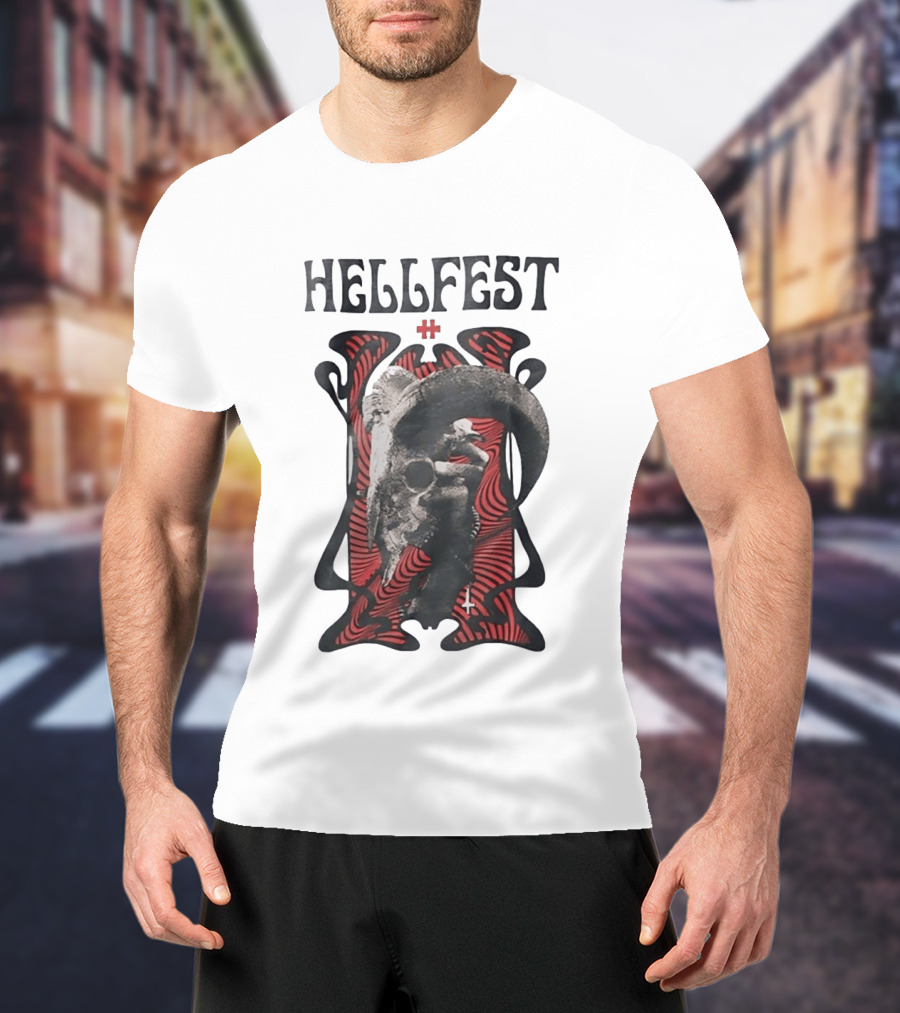 Hellfest Goat Skull Cross Inverted Crux Occult Heavy Metal Festival T-Shirt