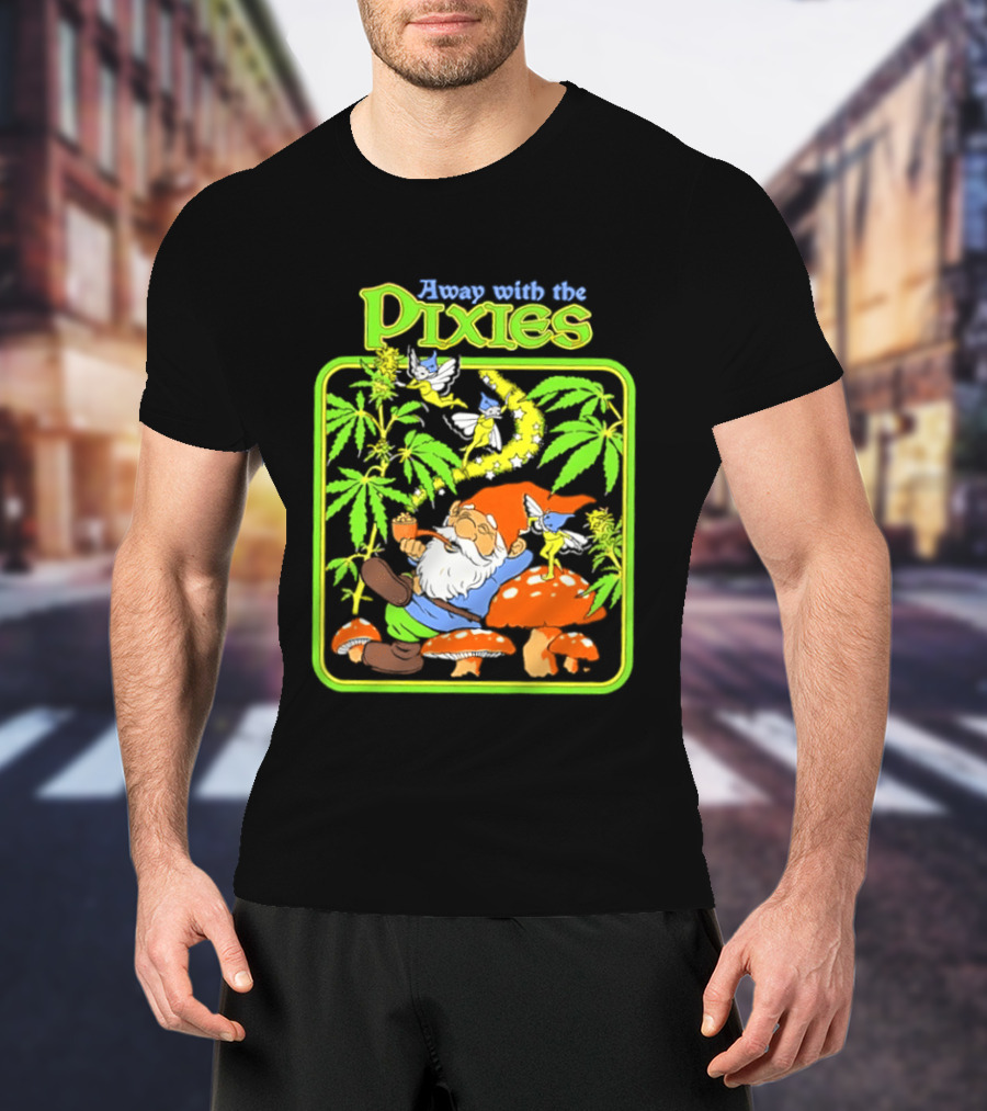 Away With The Pixies Gnome Smoking Cannabis Mushroom Fantasy Scene T-Shirt