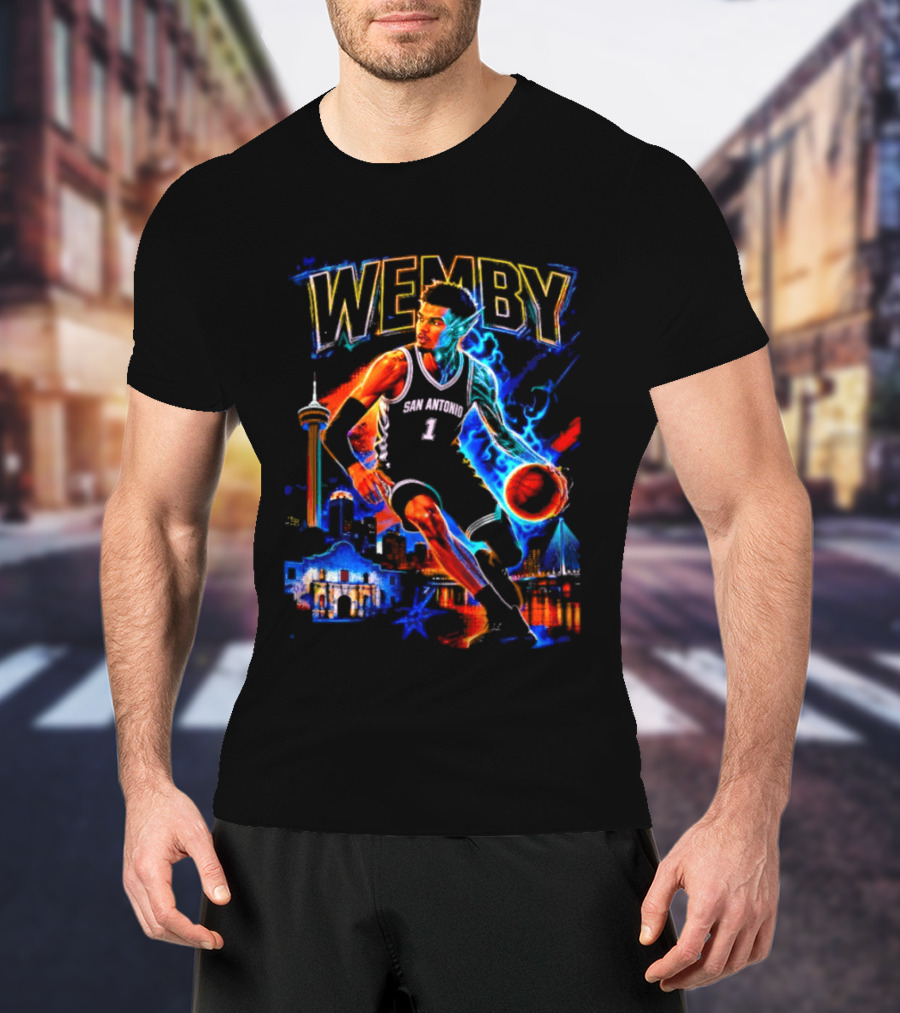 Wemby San Antonio Spurs Basketball Player Half Alien City Skyline T-Shirt