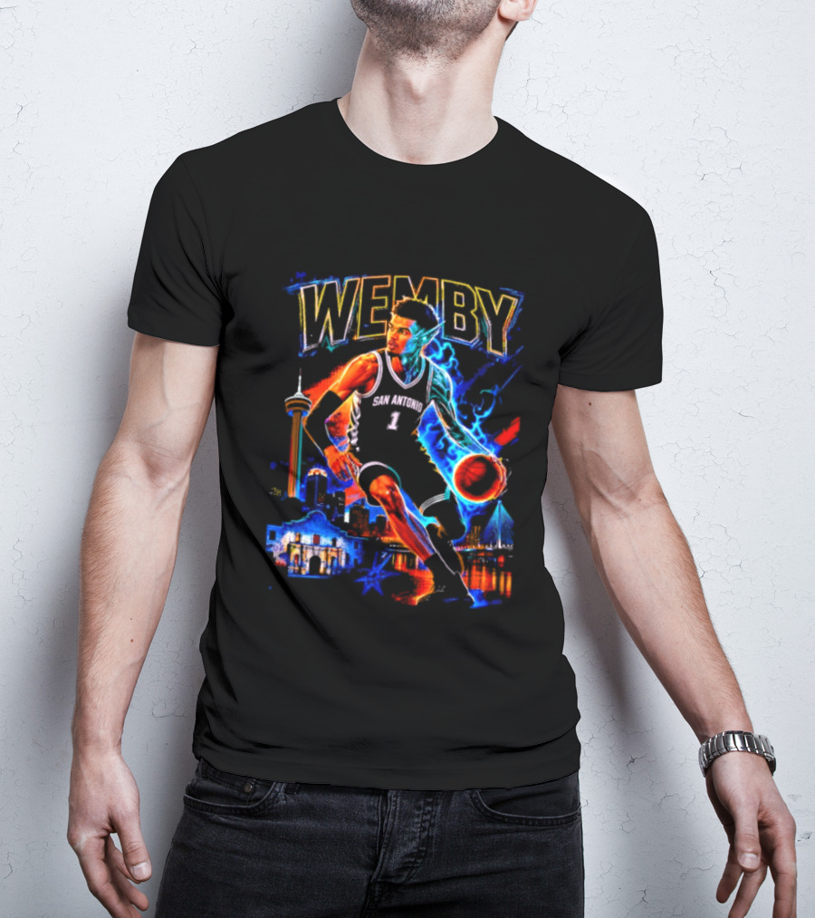 Wemby San Antonio Spurs Basketball Player Half Alien City Skyline T-Shirt