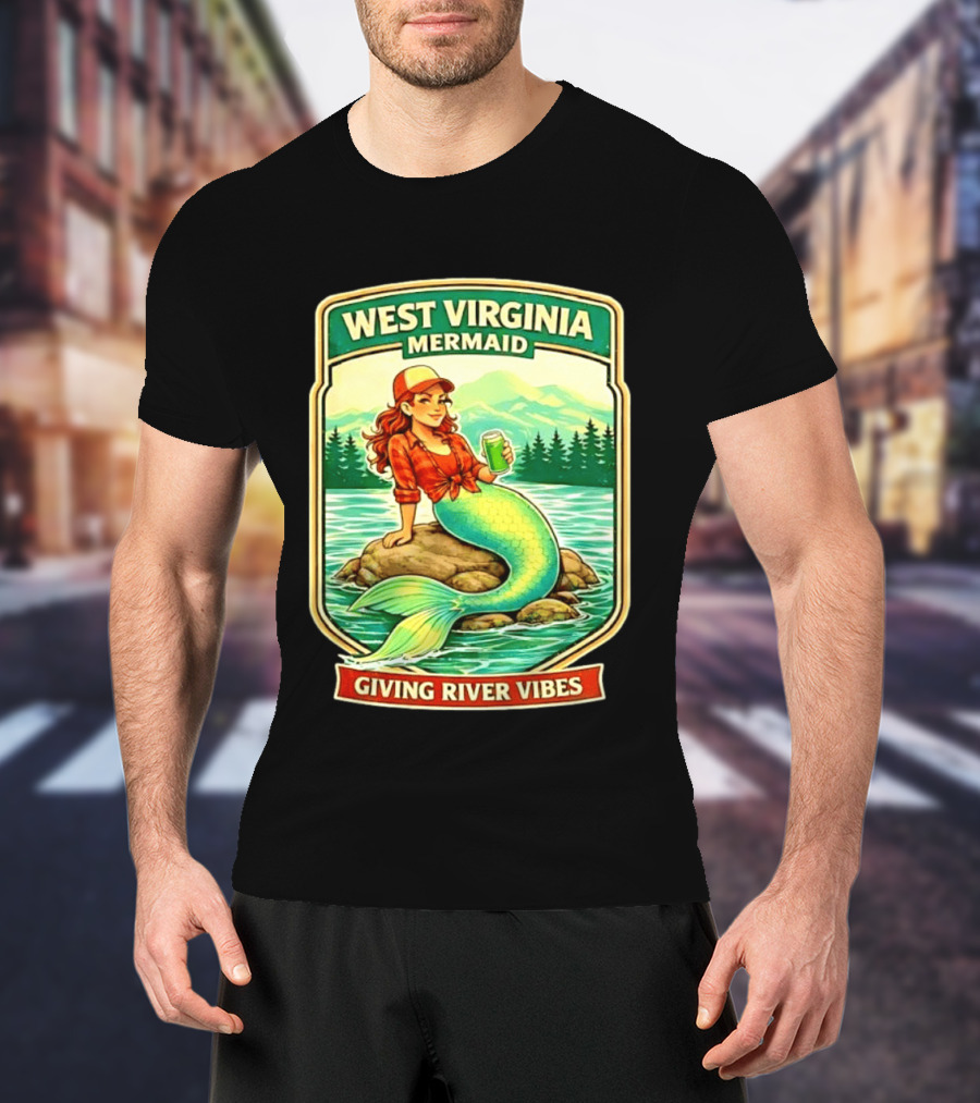 West Virginia Mermaid Giving River Vibes Green Tail Red Hat T-Shirt