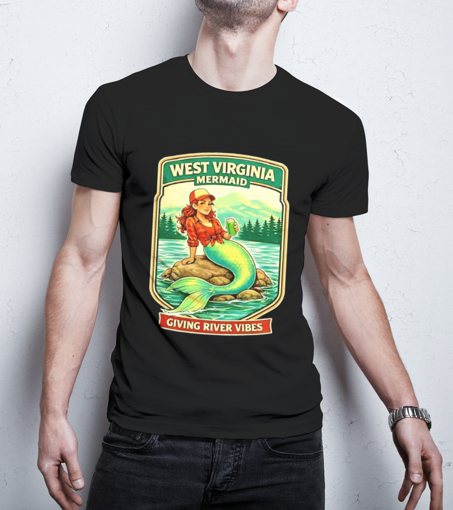 West Virginia Mermaid Giving River Vibes Green Tail Red Hat T-Shirt