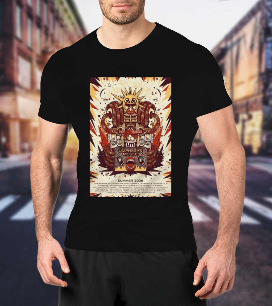 Umphrey's McGee Summer 2026 Tour Dates With Unique Symbolic Artwork And Sun Motif T-Shirt