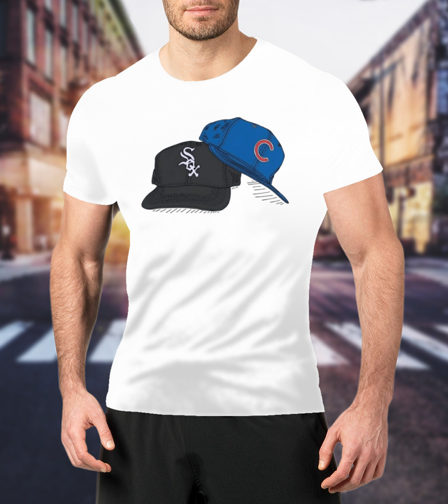 Chicago White Sox Black Hat And Chicago Cubs Blue Cap Baseball Fan Collection T-Shirt