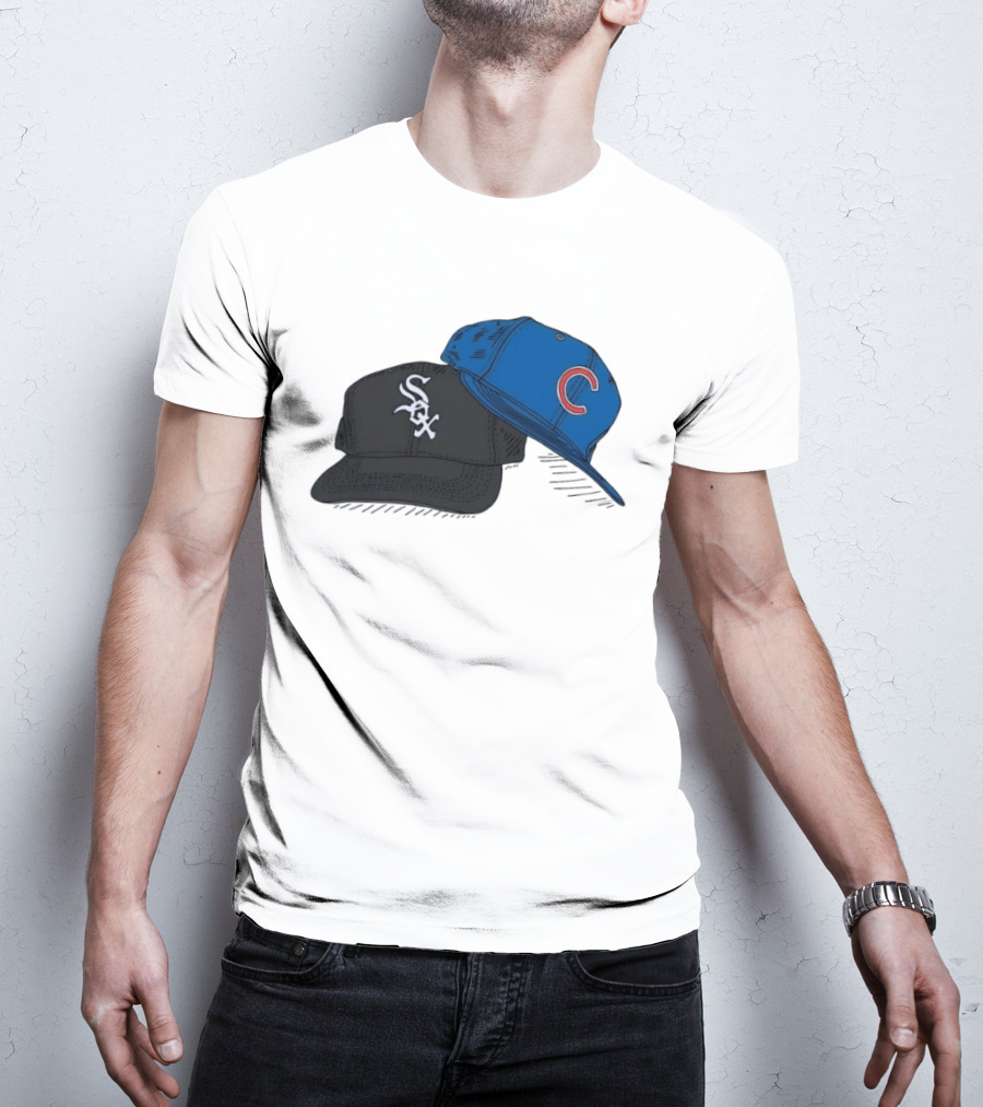 Chicago White Sox Black Hat And Chicago Cubs Blue Cap Baseball Fan Collection T-Shirt