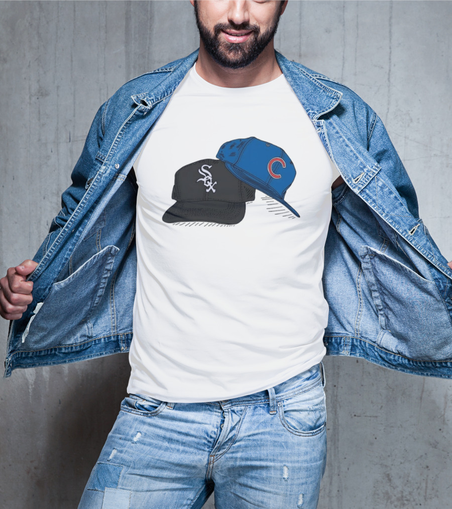 Chicago White Sox Black Hat And Chicago Cubs Blue Cap Baseball Fan Collection T-Shirt