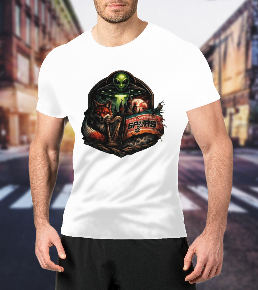 San Antonio Spurs UFO Alien Fox Harp Castle Moon Flag T-Shirt