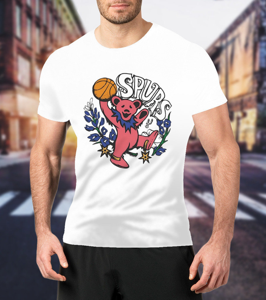 San Antonio Spurs Grateful Dead Bear Basketball Motif T-Shirt