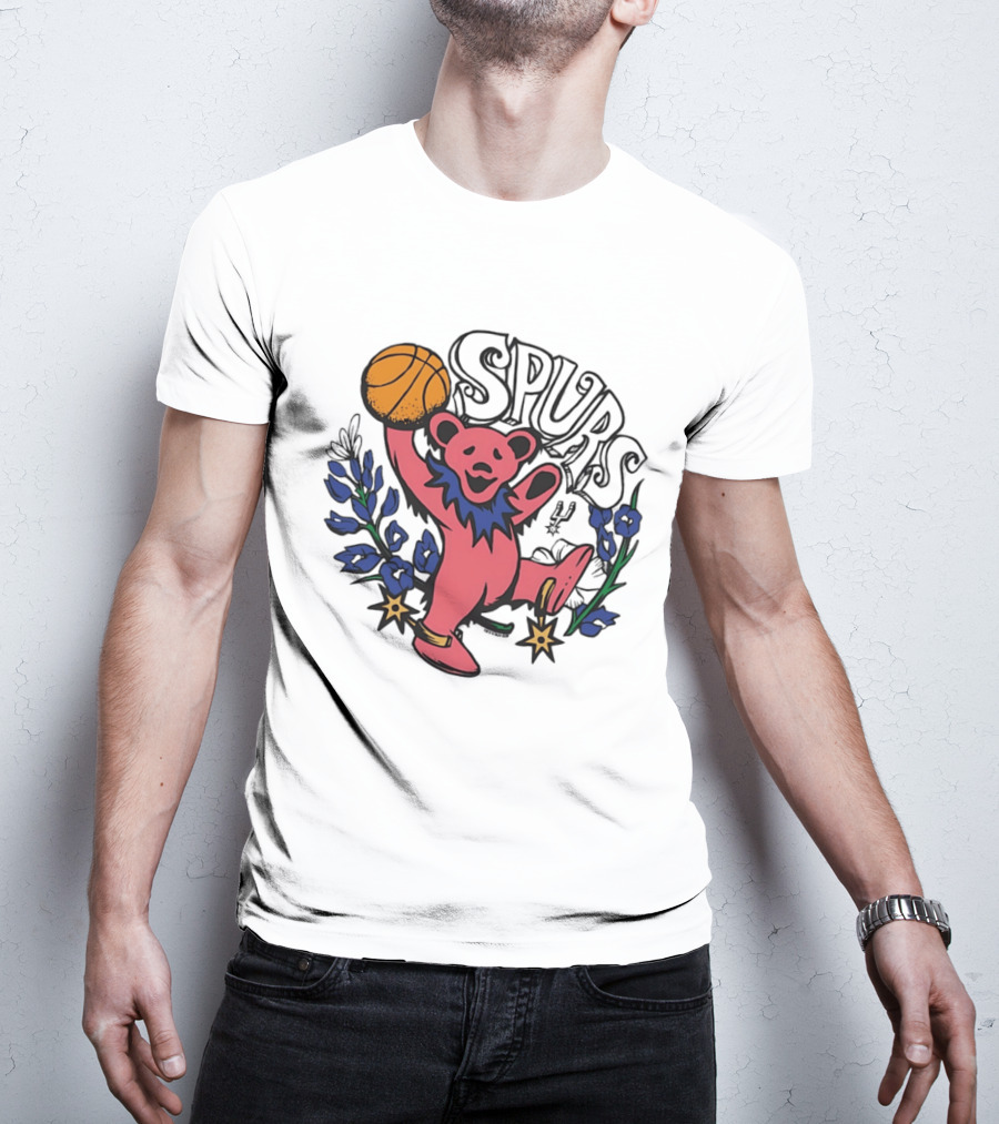 San Antonio Spurs Grateful Dead Bear Basketball Motif T-Shirt