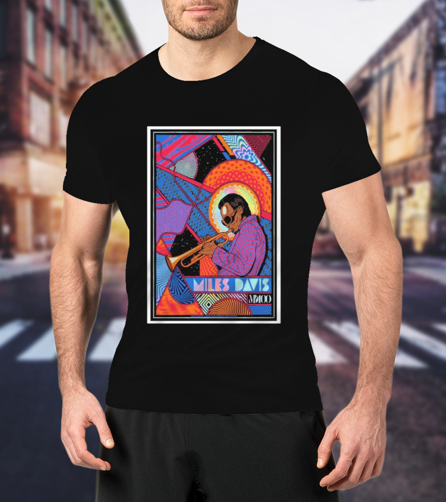 Miles Davis M100 Vibrant Foil Psychedelic Jazz Artistry Trumpet Player T-Shirt
