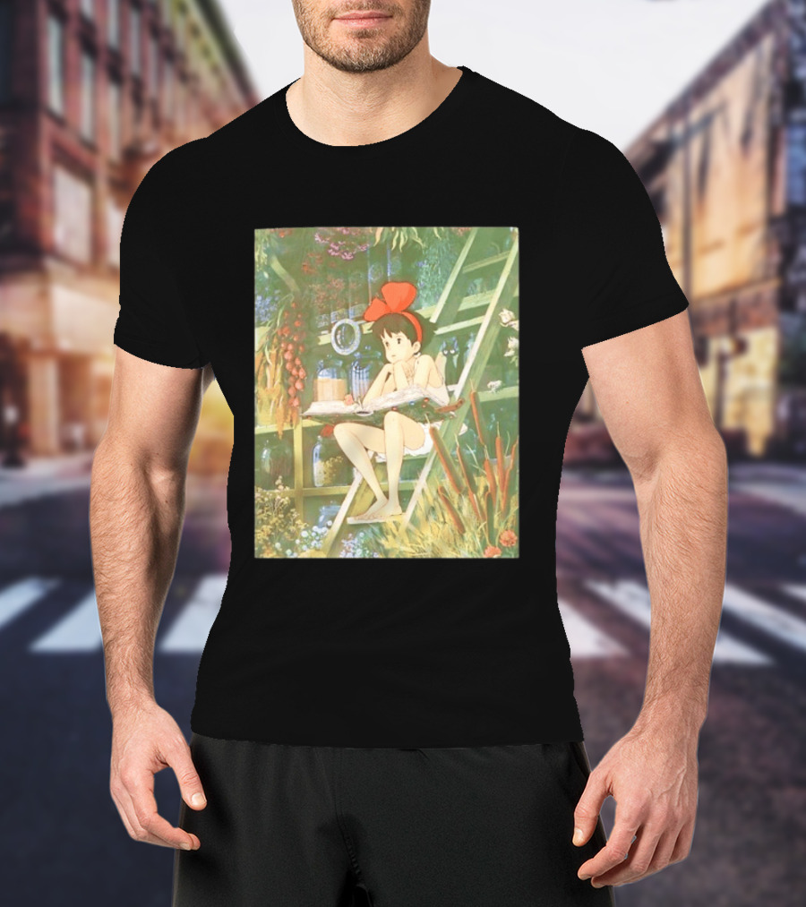 Kiki's Delivery Service Magic Book Cat And Botanical Greenhouse Scene T-Shirt