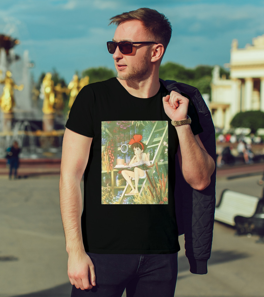 Kiki's Delivery Service Magic Book Cat And Botanical Greenhouse Scene T-Shirt