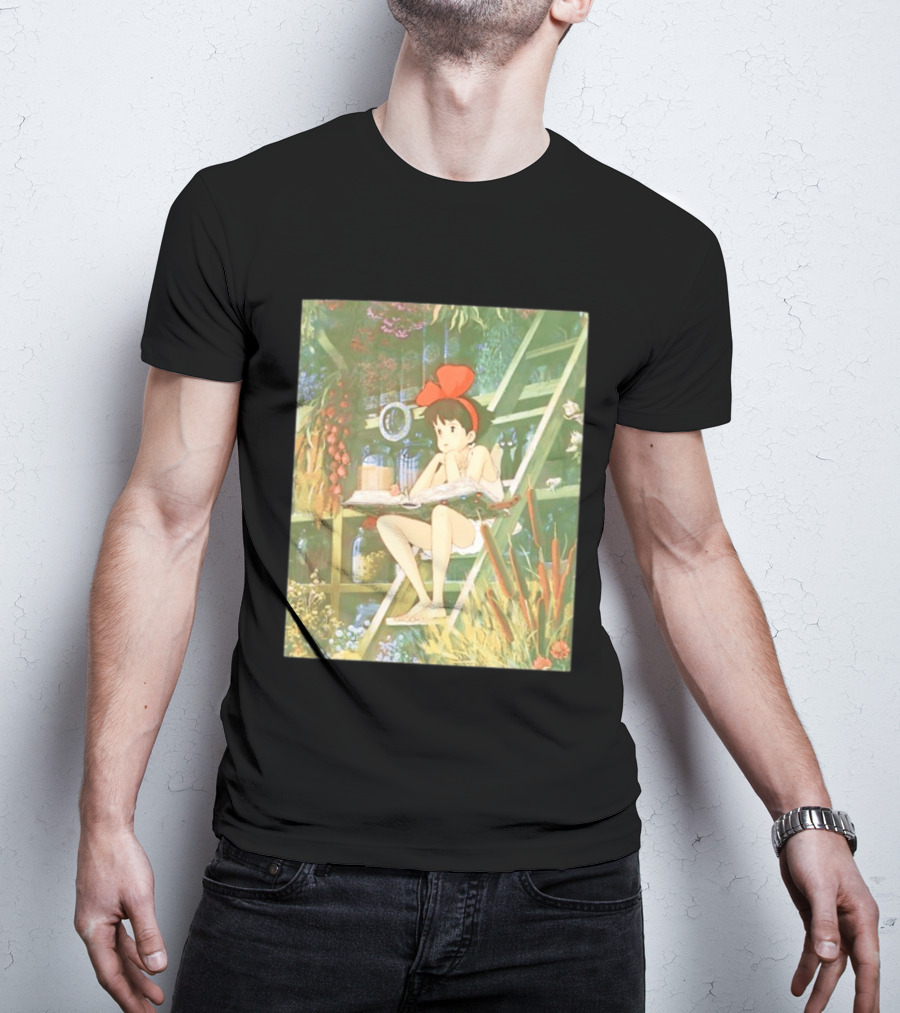 Kiki's Delivery Service Magic Book Cat And Botanical Greenhouse Scene T-Shirt