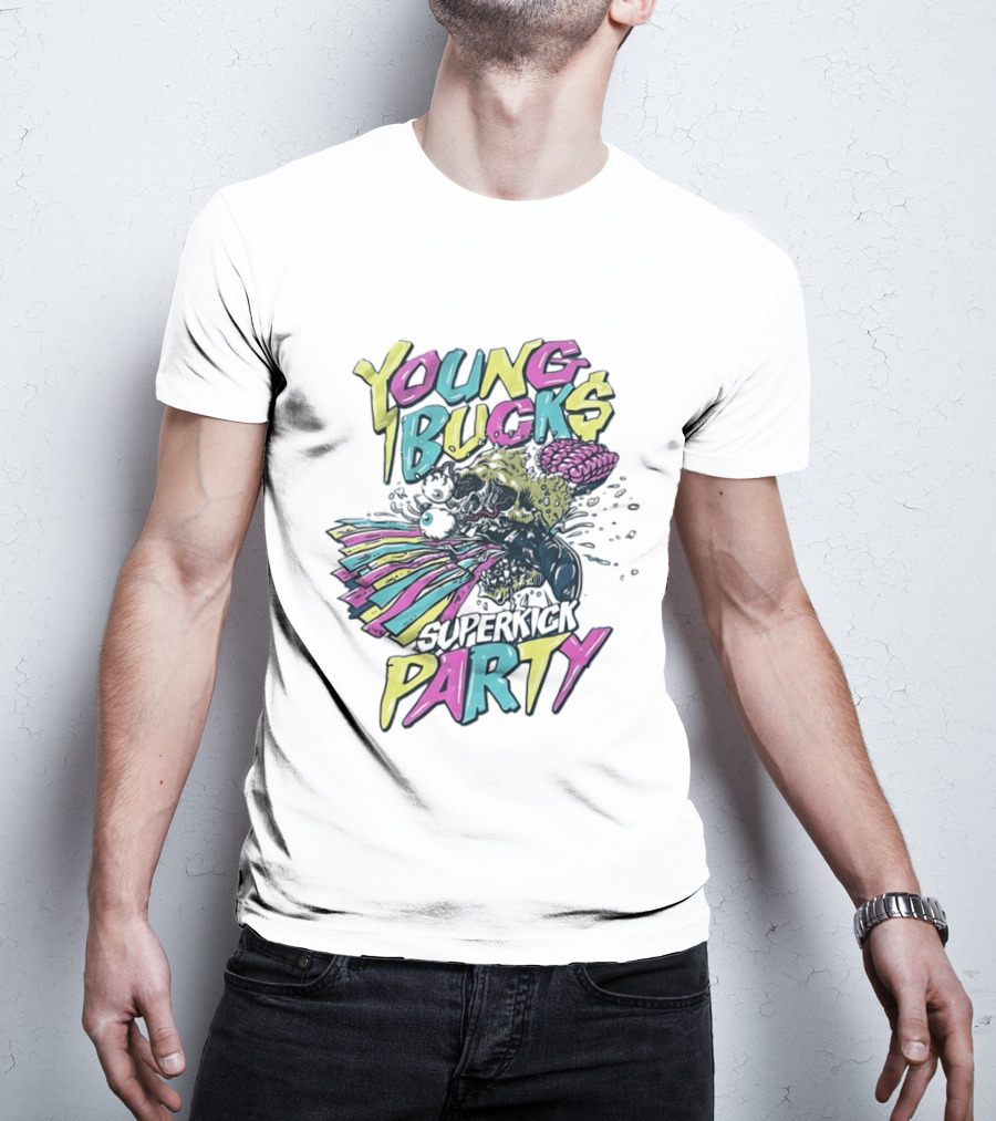 Young Bucks Superkick Party Skull Brain Eyeballs Colorful Explosion T-Shirt
