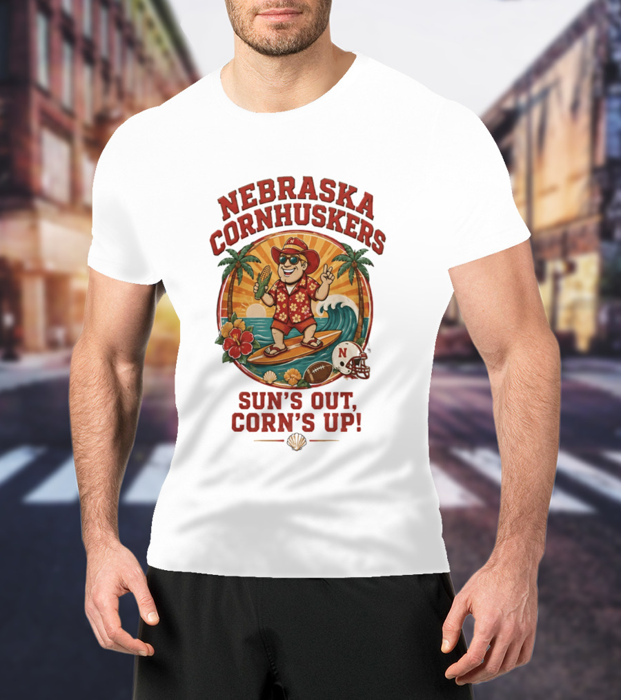 Nebraska Cornhuskers Sun's Out Corn's Up Tropical Surfing Football Fun T-Shirt
