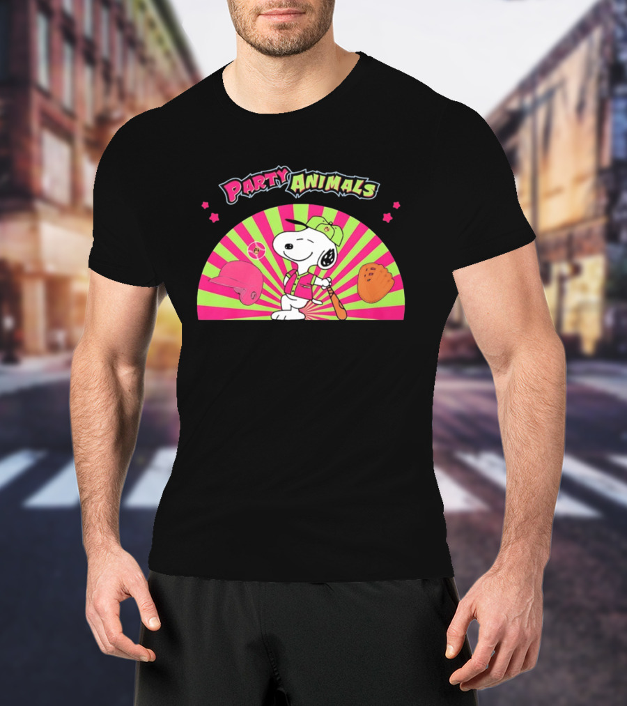 Snoopy Party Animals Baseball Glove Bat Cap Neon Stars T-Shirt