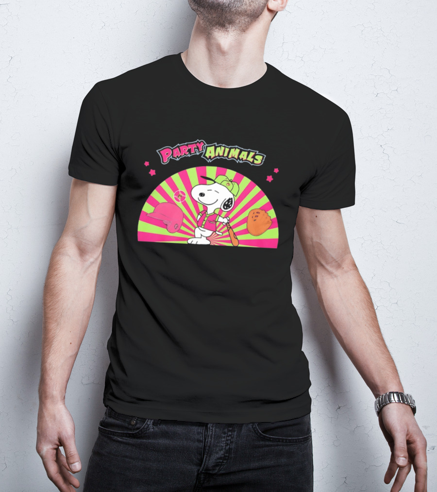 Snoopy Party Animals Baseball Glove Bat Cap Neon Stars T-Shirt
