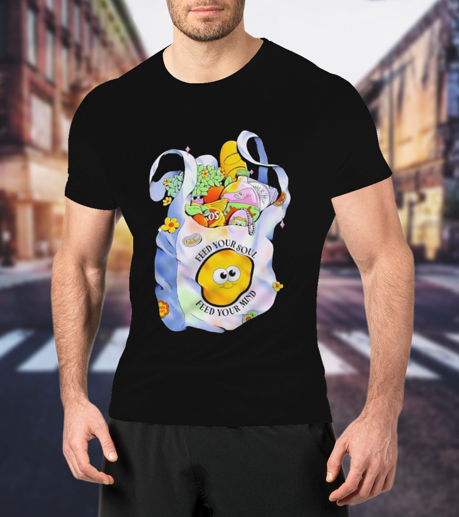 Feed Your Soul Feed Your Mind Bag With Groceries And Cartoon Face T-Shirt