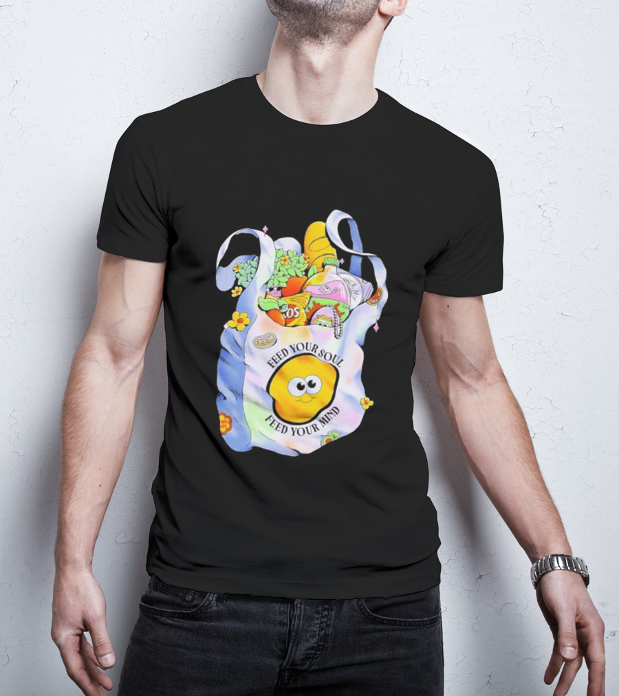 Feed Your Soul Feed Your Mind Bag With Groceries And Cartoon Face T-Shirt