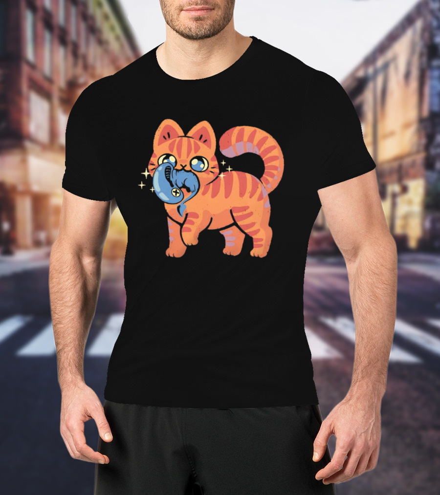 Orange Tabby Cat With Sparkles And Blue Alien Creature T-Shirt