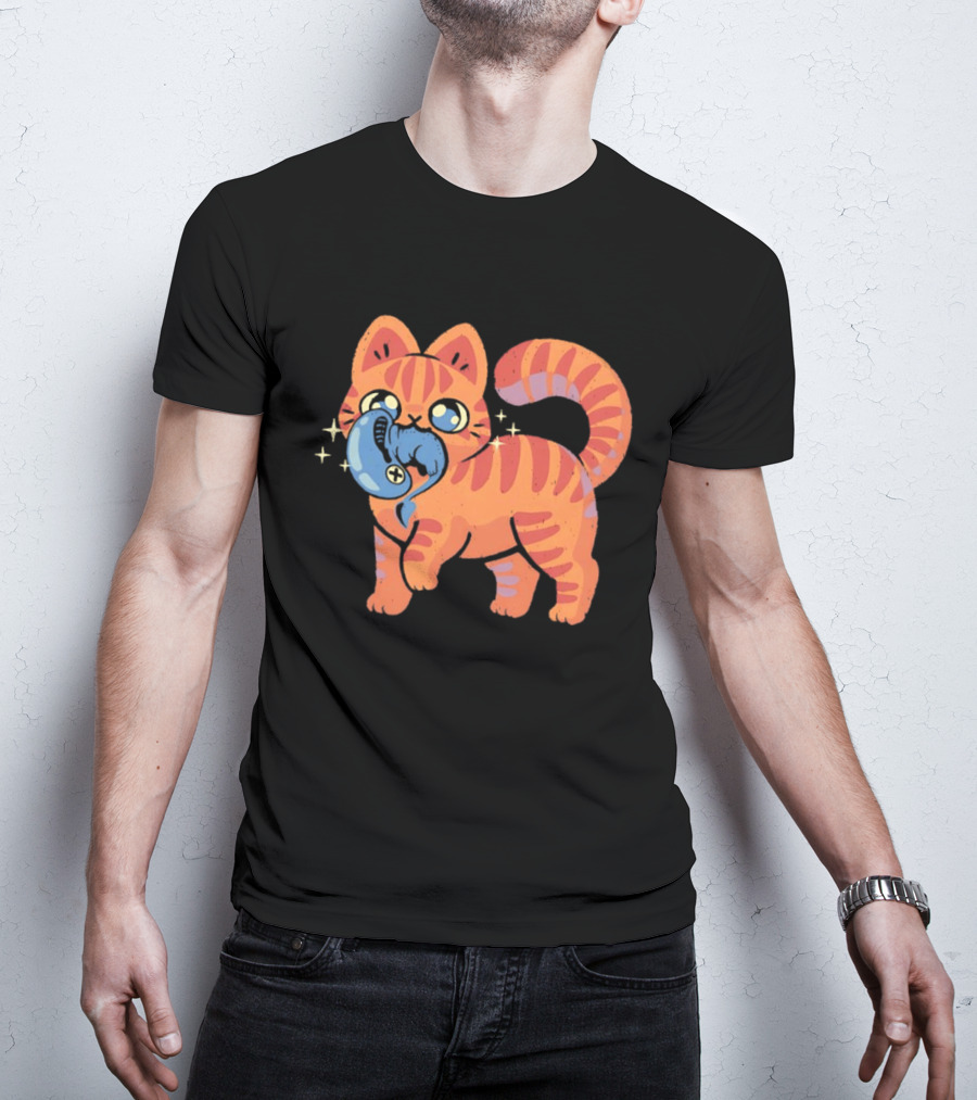 Orange Tabby Cat With Sparkles And Blue Alien Creature T-Shirt