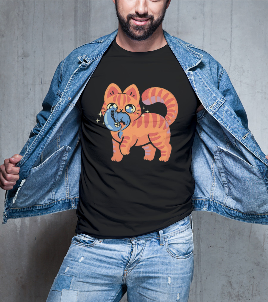 Orange Tabby Cat With Sparkles And Blue Alien Creature T-Shirt