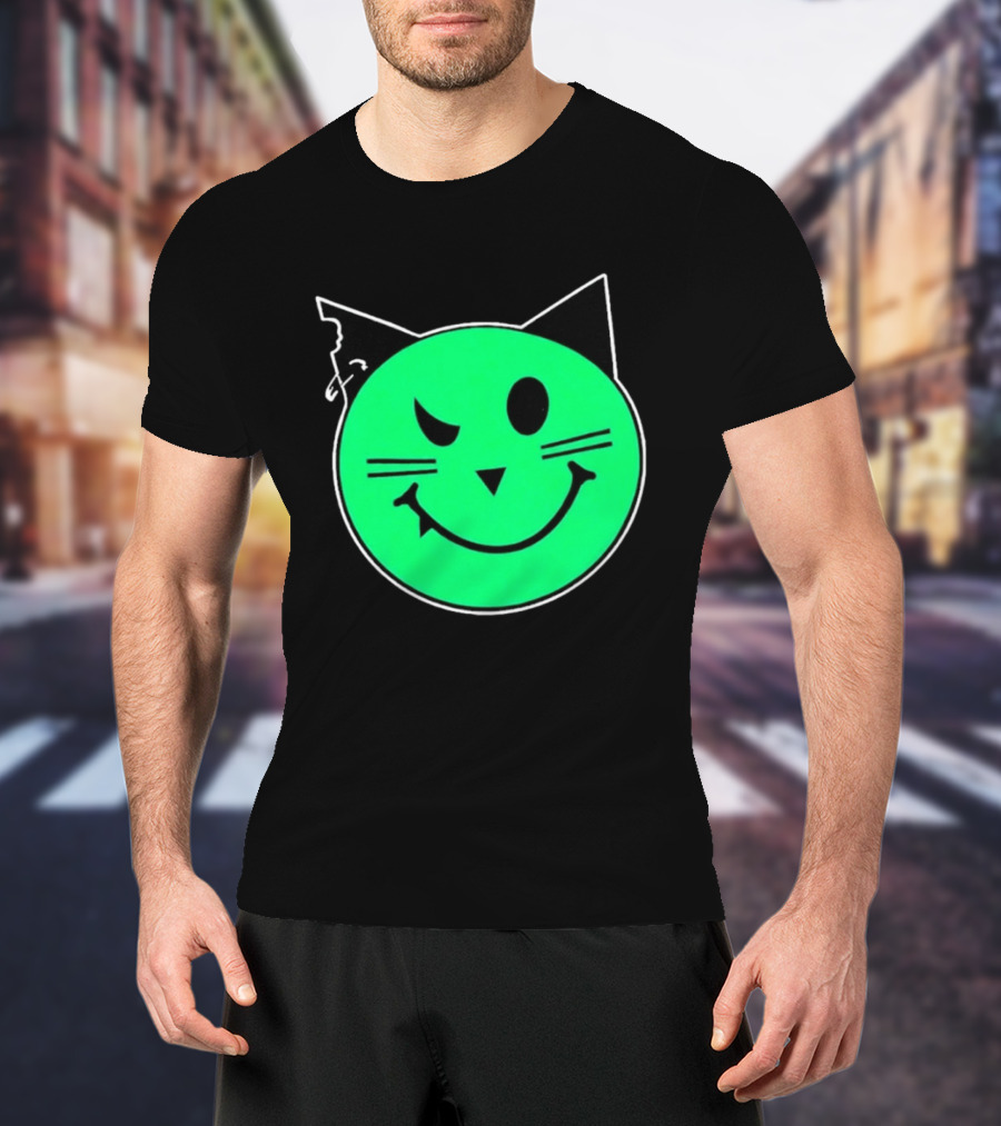 Taliesin Wearing MeowMeowz Smiling Cat Face With Green Circle Black Ears Whiskers T-Shirt