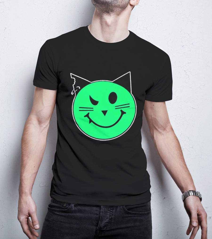 Taliesin Wearing MeowMeowz Smiling Cat Face With Green Circle Black Ears Whiskers T-Shirt