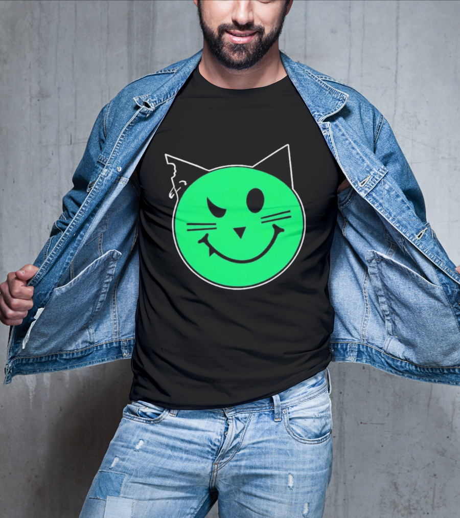Taliesin Wearing MeowMeowz Smiling Cat Face With Green Circle Black Ears Whiskers T-Shirt